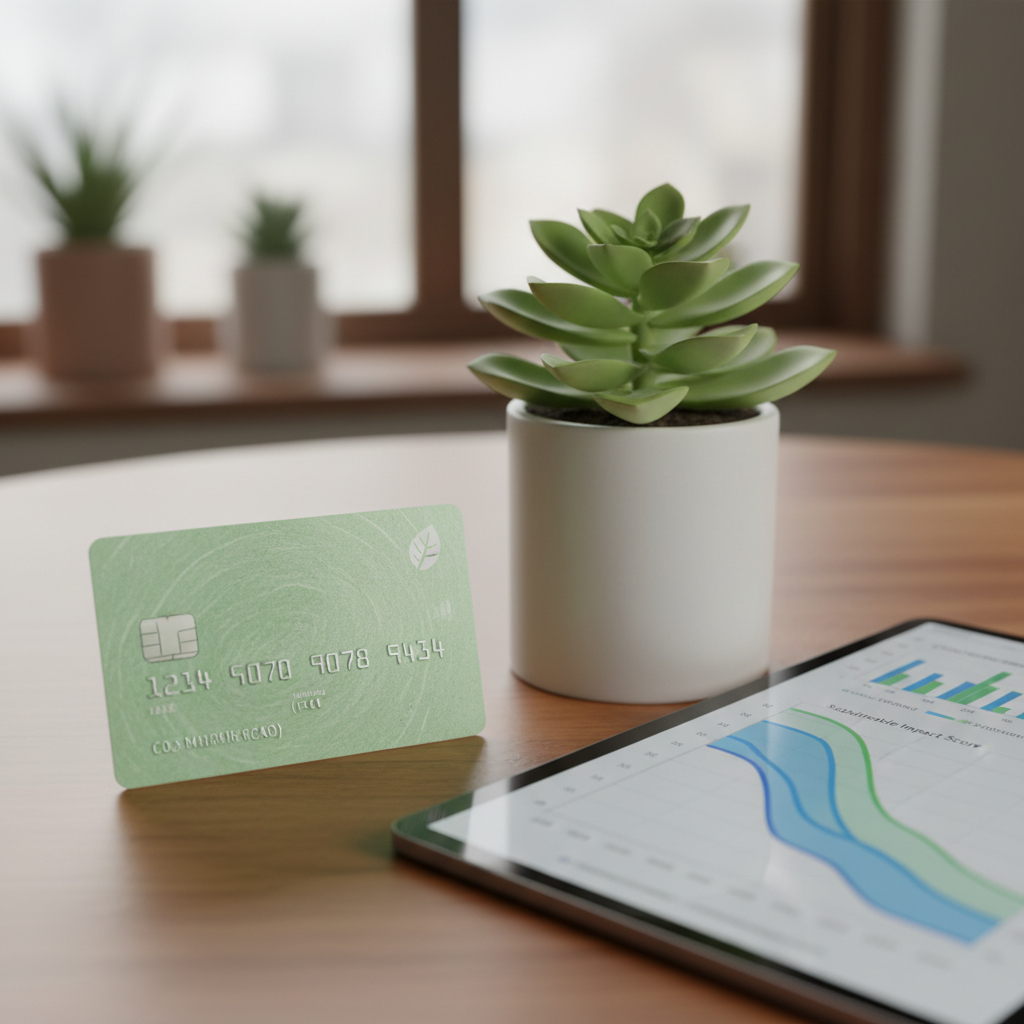 A close-up, top-down shot of a sleek credit card made from recycled, light-green plastic, resting on a table next to a small, thriving potted plant and a digital tablet displaying graphs related to carbon footprint reduction. The background is softly blurred with natural light. Photorealistic, soft focus.